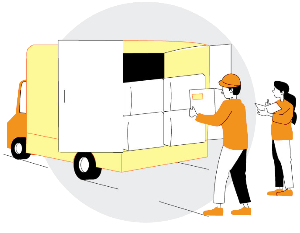 Two couriers unloading a delivery truck